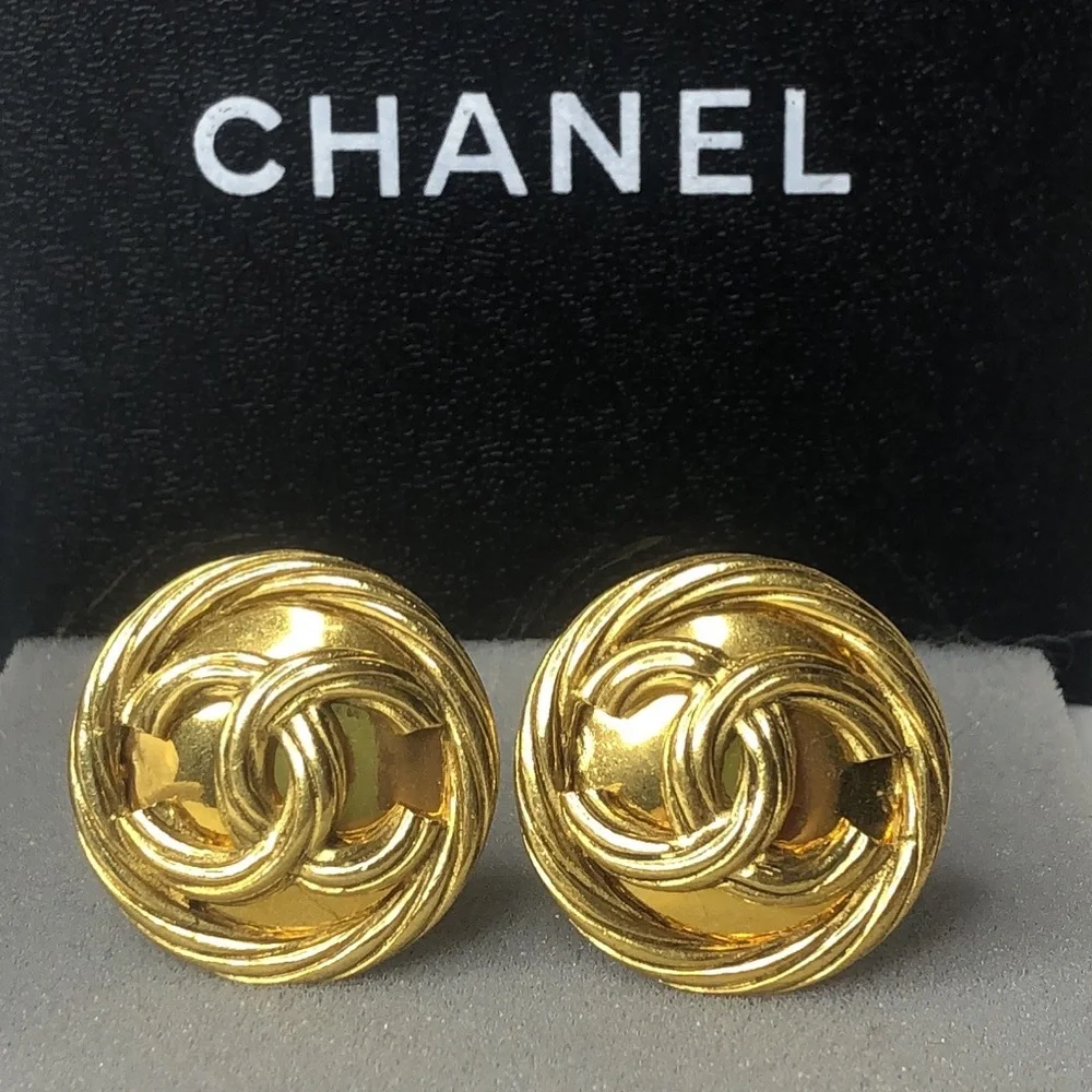 CHANEL Gold Interlinked CC Rope Bezel Detail Statement Earrings w/ Box
